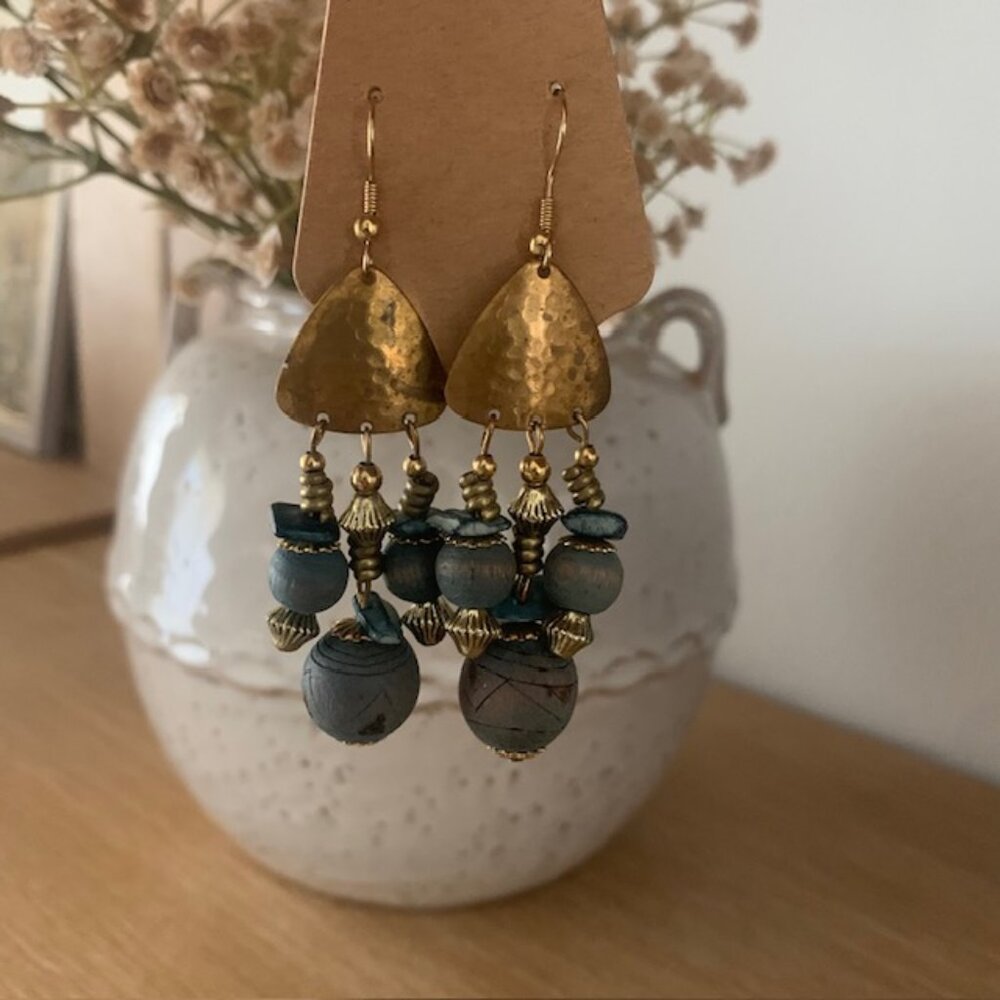 Boho Hammered Gold & Blue Wood Bead Chandelier Earrings Statement Jewelry